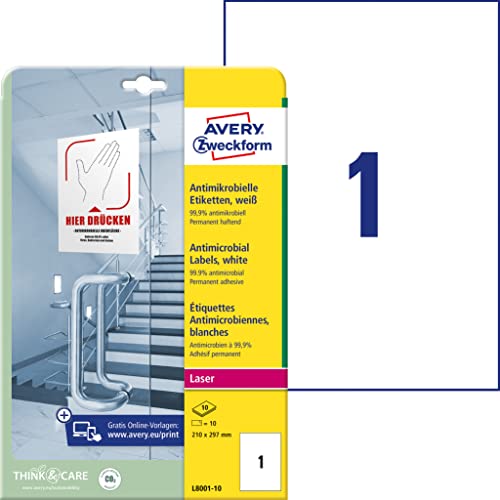 AVERY Zweckform L8001-10 selbstklebende Folie antibakteriell A4 (entfernt 99,9% aller Bakterien, Viren, Keime, 10 Hygieneaufkleber, permanente Etiketten für Türgriffe, Kontaktflächen) 10 Blatt, weiß von AVERY Zweckform