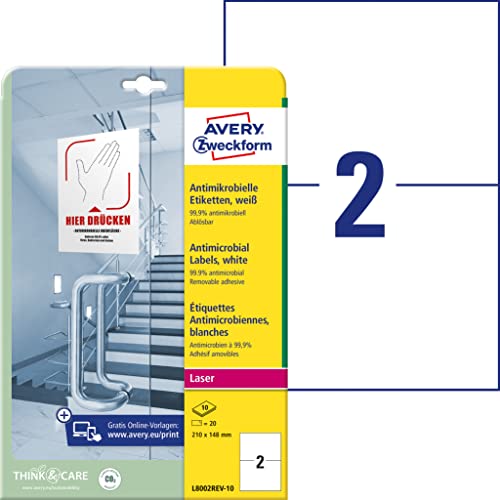 AVERY Zweckform L8002REV-10 selbstklebende Folie antibakteriell A5 (entfernt 99,9% aller Bakterien, Viren, Keime, 20 Hygieneaufkleber, ablösbare Etiketten für Türgriffe, Kontaktflächen) 10 Blatt, weiß von AVERY Zweckform