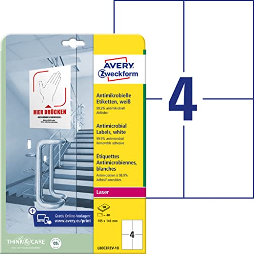 AVERY Zweckform L8003REV-10 selbstklebende Folie antibakteriell A6 (entfernt 99,9% aller Bakterien, Viren, Keime, 40 Hygieneaufkleber, ablösbare Etiketten für Türgriffe, Kontaktflächen) 10 Blatt, weiß von AVERY Zweckform