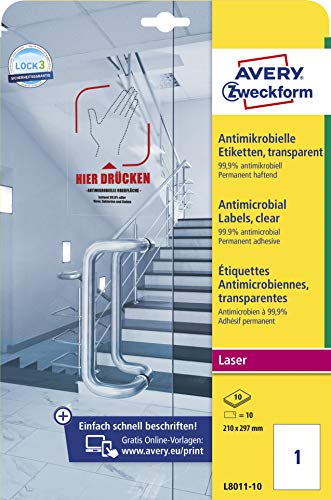 AVERY Zweckform L8011-10 selbstklebende Folie antibakteriell A4 (entfernt 99,9% aller Bakterien, Viren, Keime, 10 Hygieneaufkleber, permanente Etiketten für Türgriffe, Kontaktflächen) 10 Blatt von AVERY Zweckform