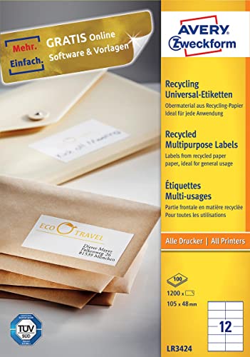 AVERY Zweckform LR3424 Recycling Etiketten (1.200 Adressaufkleber, 105x48mm auf A4, 100% recyceltes Altpapier, bedruckbare Adressetiketten, selbstklebende Klebeetiketten) 100 Blatt, naturweiß von AVERY Zweckform