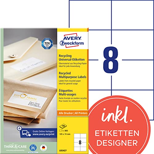 AVERY Zweckform LR3427 Recycling Etiketten (800 Adressaufkleber, 105x74mm auf A4, 100% recyceltes Altpapier, bedruckbare Versandetiketten, selbstklebende Versandaufkleber) 100 Blatt, naturweiß von AVERY Zweckform