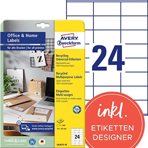 AVERY Zweckform LR3475-10 Recycling Etiketten (240 Adressaufkleber, 70x36mm auf A4, 100% recyceltes Altpapier, bedruckbare Adressetiketten, selbstklebende Klebeetiketten) 10 Blatt, naturweiß von AVERY Zweckform