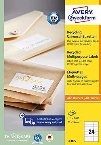 AVERY Zweckform LR3475 Recycling Etiketten (2.400 Adressaufkleber, 70x36mm auf A4, 100% recyceltes Altpapier, bedruckbare Adressetiketten, selbstklebende Klebeetiketten) 100 Blatt, naturweiß von AVERY Zweckform