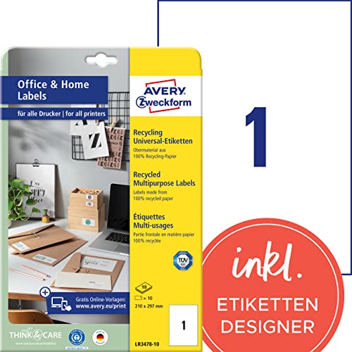 AVERY Zweckform LR3478-10 Recycling Etiketten (10 Adressaufkleber, 210x297mm auf A4, 100% recyceltes Altpapier, bedruckbare Versandetiketten, selbstklebende Klebeetiketten, DHL) 10 Blatt, naturweiß von AVERY Zweckform