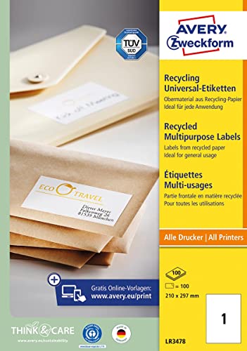 AVERY Zweckform LR3478 Recycling Etiketten (100 Klebeetiketten, 210x297mm auf A4, 100% recyceltes Altpapier, bedruckbare Versandetiketten, selbstklebende Versandaufkleber) 100 Blatt, naturweiß von AVERY Zweckform