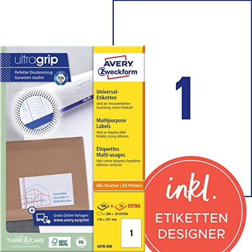 AVERY Zweckform 3478-200 Universal Etiketten (200 plus 20 Klebeetiketten extra, 210x297mm auf A4, bedruckbare Versandetiketten, selbstklebende Versandaufkleber mit ultragrip) 220 Blatt, weiß von AVERY Zweckform