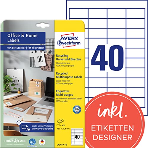 AVERY Zweckform LR3657-10 Recycling Etiketten (400 Klebeetiketten, 48,5x25,4mm auf A4, 100% recyceltes Altpapier, individuell bedruckbar, selbstklebende Aufkleber) 10 Blatt, naturweiß von AVERY Zweckform