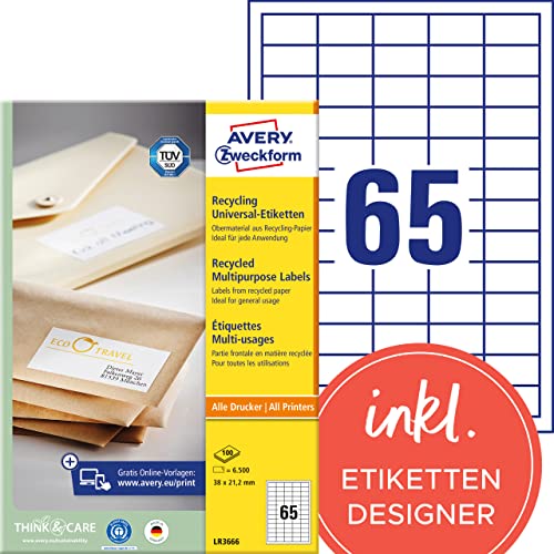 AVERY Zweckform LR3666 Recycling Etiketten (6.500 Klebeetiketten, 38x21,2mm auf A4, 100% recyceltes Altpapier, individuell bedruckbar, selbstklebende Aufkleber) 100 Blatt, naturweiß von AVERY Zweckform