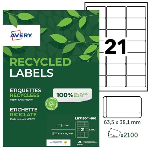 AVERY Zweckform LR7160-100 Adress-Etiketten (A4, 2.100 Stück, Recycling, 63,5 x 38,1 mm, 100 Blatt) weiß von Avery