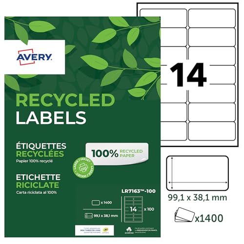 AVERY Zweckform LR7163-100 Adress-Etiketten (A4, 1.400 Stück, Recycling, 99,1 x 38,1 mm, 100 Blatt) weiß von Avery