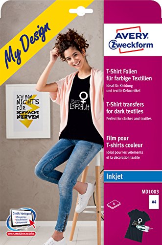 AVERY Zweckform MD1003 4 Textilfolien, T-Shirt selbst gestalten, T-Shirt bedrucken (Bügelfolie, farbige Textilien, DIN A4, bedruckbare T-Shirt Folie zum Aufbügeln, Transferfolie für Inkjet-Drucker), weiß von AVERY Zweckform