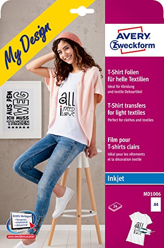 AVERY Zweckform MD1006 24 Textilfolien, T-Shirt selbst gestalten, T-Shirt bedrucken (Bügelfolie, helle Textilien, DIN A4, bedruckbare T-Shirt Folie zum Aufbügeln, Transferfolie für Inkjet-Drucker) von AVERY Zweckform