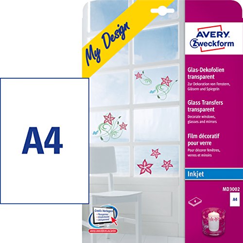 AVERY Zweckform MD3002 Glas- und Fensterfolie (210x297 mm auf DIN A4, selbstklebend, bedruckbare Dekofolie für Glasflächen, Inkjet-/Tintenstrahldrucker) 4 Transferfolien transparent von AVERY Zweckform