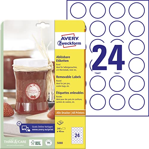 AVERY Zweckform Marmeladenetiketten Art. 5080 (240 Aufkleber ablösbar, Ø 40mm auf A4, rund, für Gewürz oder Einmachgläser, Gebäcktüten, Geschenke und Selbstgemachtes aus der Küche) 10 Blatt weiß von AVERY Zweckform