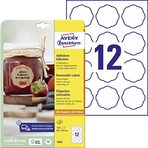 AVERY Zweckform Marmeladenetiketten Art. 5085 (120 Aufkleber ablösbar, 60x59,5mm auf A4, Blumenform, ideal für Einmachgläser, Gebäcktüten, Geschenke und Selbstgemachtes aus der Küche)10 Blatt weiß von AVERY Zweckform