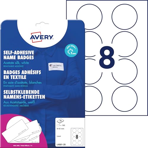 AVERY Zweckform L4881-20 Namensetiketten (160 Namensaufkleber rund, Ø65mm auf A4, selbstklebend, bedruckbare Textiletiketten aus Acetatseide für Laserdrucker, rückstandsfrei ablösbar) 20 Blatt, weiß von AVERY Zweckform