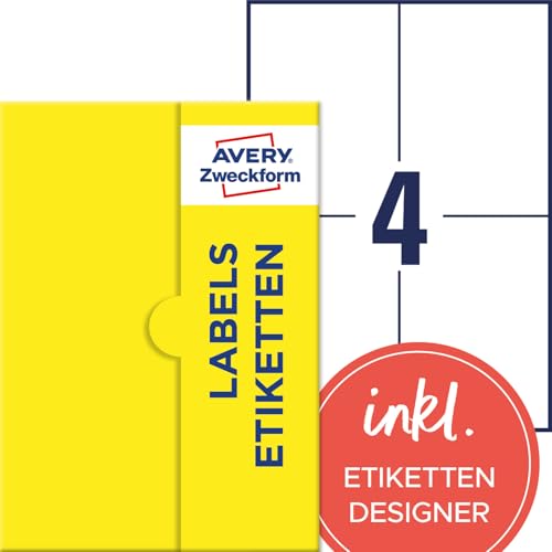 AVERY Zweckform P3483-1000 Universal Etiketten (4.000 Klebeetiketten, 105x148mm auf A4, Papier matt, bedruckbare Versandetiketten, selbstklebende Versandaufkleber, Adressetiketten) 1.000 Blatt, weiß von AVERY Zweckform