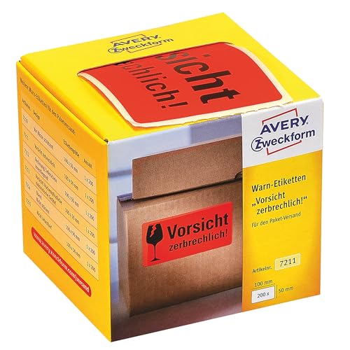 AVERY Zweckform Warnetiketten 7211 Vorsicht zerbrechlich (200 Etiketten auf Rolle im Kartonspender, 100 x 50 mm, selbstklebend, Warnhinweis "Vorsicht Zerbrechlich" für Versand, Umzug) neon rot von AVERY Zweckform