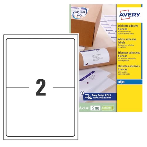 AVERY Zweckform schnelltrocknende Adressetiketten für Tintenstrahldrucker 2 pro Blatt 199,6 x 143,5 mm 50 Etiketten weiß von Avery