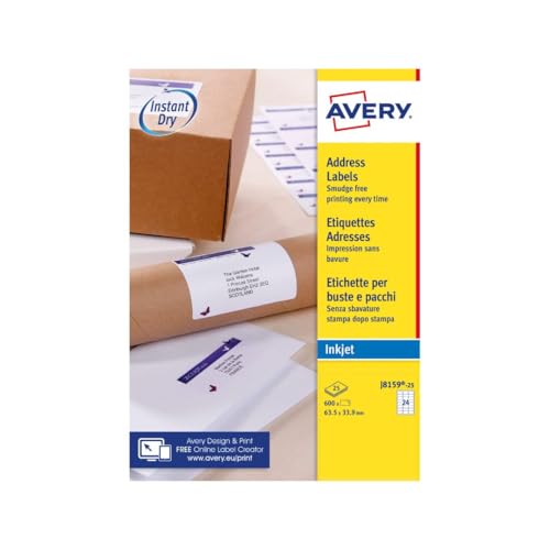 AVERY Zweckform schnelltrocknende Adressetiketten für Tintenstrahldrucker 24 pro Blatt 63,5 x 33,9 mm 600 Etiketten weiß von Avery