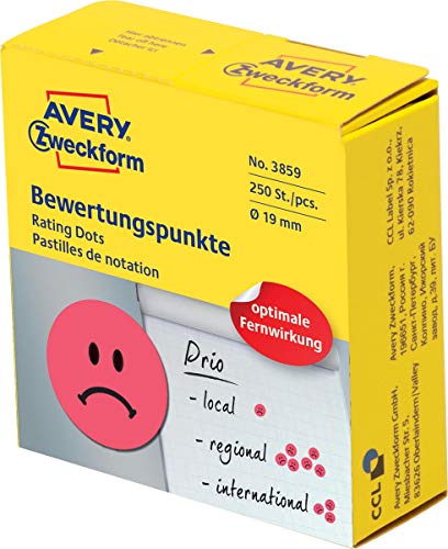 AVERY Zweckform 3859 selbstklebende Klebepunkte 250 Stück (negative Bewertungspunkte auf Rolle im Spender, Ø 19mm, Aufkleber trauriges Gesicht, Sticker zum Abstimmen, Bewerten und Kennzeichnen) rot von AVERY Zweckform