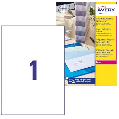 Avery J7567-25 Adressetiketten für Laserdrucker (1 Etikett pro Blatt, 210 x 297 mm) 25 Stück transparent von Avery