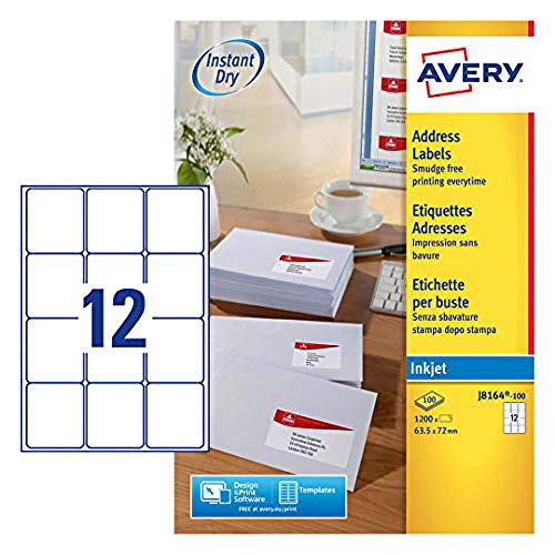 Avery J8164-100 Adressetiketten für Tintenstrahldrucker (schnell trocknend, 12 Stück pro Blatt, 63,5 x 72 mm) 1200 Etiketten weiß von Avery