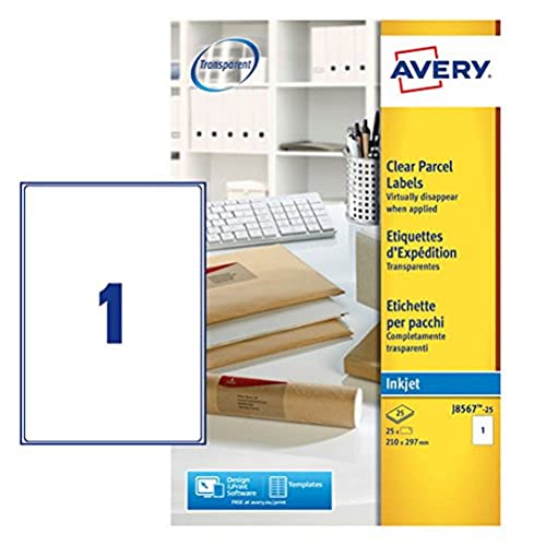 Avery J8567-25 Adressetiketten (1 Etikett pro Blatt, 210 x 297 mm) 25 Stück transparent von Avery