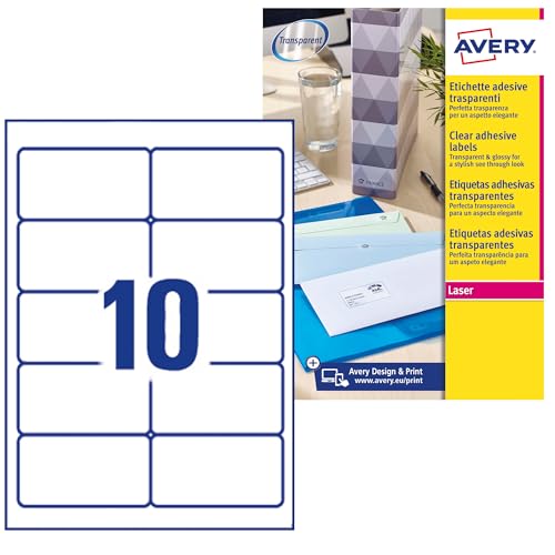 Avery Kristallklare Etiketten für Laserdrucker langlebig 10 pro Blatt 96 x 50,8 mm 250 Stück transparent von Avery