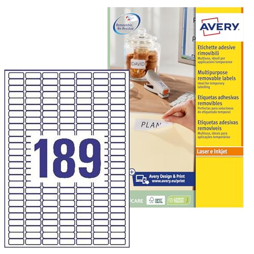 Avery L4731REV-25 Ablösbare Mini-Laseretiketten ( 189 pro Blatt, 25,4 x 10 mm) 4725 Etiketten weiß von Avery