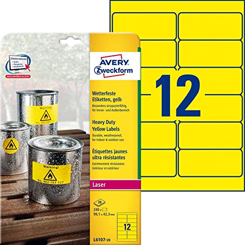 Avery L6008 – 20 – Pack von 20 Blatt Polyester-Etiketten, 25,4 x 10 mm, silber 99.1 x 42.3 mm gelb von AVERY Zweckform