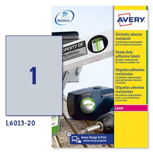 Avery L6013-20 Etiketten zur Identifizierung von elektrischen Kabeln, Silber, 210 x 297, 20 Stück von AVERY Zweckform