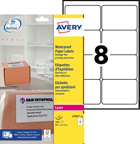 Avery L7993-25 Wetterfeste Versandetiketten (8 Stück pro Blatt, 99,1 x 67,7 mm) 200 Etiketten von Avery