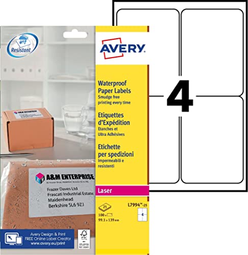 Avery L7994-25 Wetterfeste Versandetiketten (4 Stück pro Blatt, 99,1 x 139 mm) 100 Etiketten von Avery