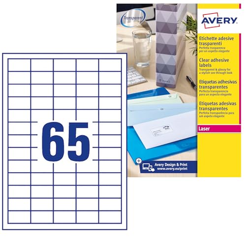 Avery Transparente selbstklebende Mini-Absenderadressaufkleber, Laserdrucker (38,1 x 21,2 mm, 65 Etiketten pro A4-Blatt, 25 Blatt), 1625 Etiketten (L7551) von Avery