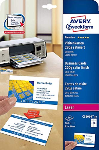 Avery Zweckform© C32016-10 Premium Visitenkarten, 85 x 54 mm, beidseitig beschichtet - satiniert, 10 Blatt/100 Stck von AVERY Zweckform