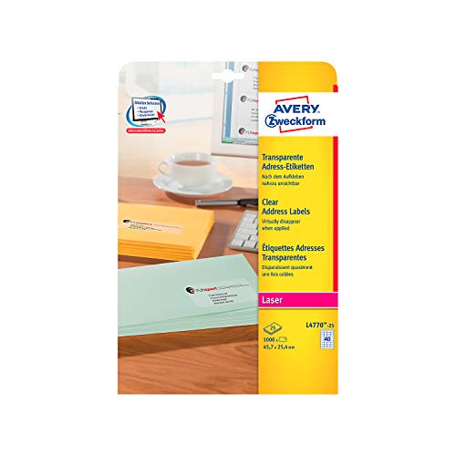 Avery Zweckform© L4770-25 Adress-Etiketten, 45,7 x 25,4 mm, 25 Blatt/1.000 Etiketten, transparent von AVERY Zweckform