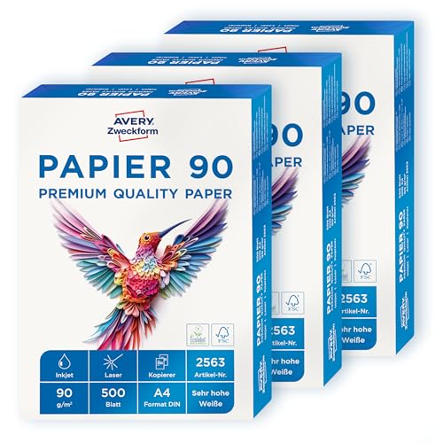 AVERY Zweckform 2563 Drucker-/Kopierpapier (1.500 Blatt, 90 g/m², DIN A4 Papier, hochweiß, für alle Drucker) 1 Box mit 3 Pack von AVERY Zweckform