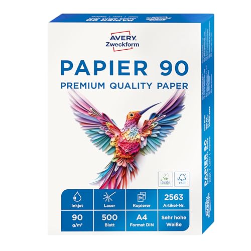 AVERY Zweckform 2563 Drucker-/Kopierpapier (500 Blatt, 90 g/m², DIN A4 Papier, hochweiß, für alle Drucker) 1 Pack von AVERY Zweckform