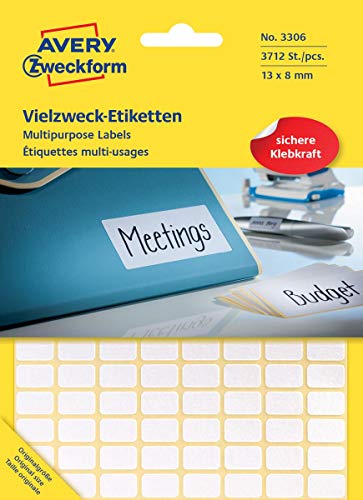 Avery Zweckform 3306 Haushaltsetiketten selbstklebend (13x8mm, 3.712 Aufkleber auf 29 Bogen, Vielzweck-Etiketten für Haushalt, Schule und Büro zum Beschriften und Kennzeichnen) blanko, weiß von AVERY Zweckform