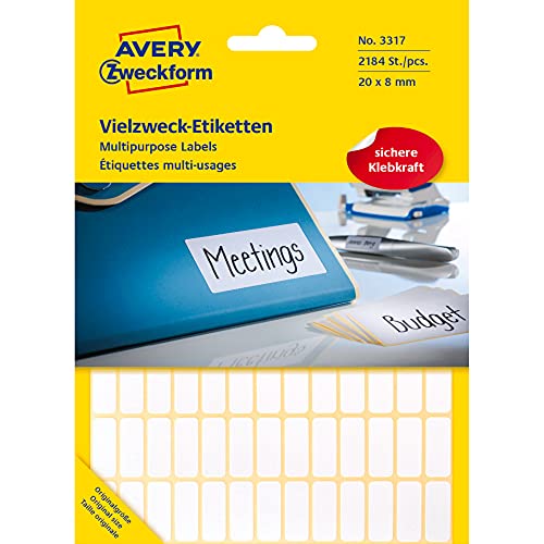 Avery Zweckform 3317 Haushaltsetiketten selbstklebend (20x8mm, 2.184 Aufkleber auf 28 Bogen, Vielzweck-Etiketten für Haushalt, Schule und Büro zum Beschriften und Kennzeichnen) blanko, weiß von AVERY Zweckform