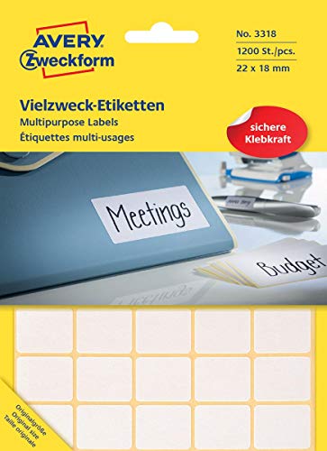 Avery Zweckform 3318 Haushaltsetiketten selbstklebend (22x18mm, 1.200 Aufkleber auf 30 Bogen, Vielzweck-Etiketten für Haushalt, Schule und Büro zum Beschriften und Kennzeichnen) blanko, weiß von AVERY Zweckform