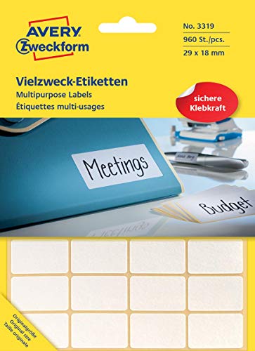 Avery Zweckform 3319 Haushaltsetiketten selbstklebend (29x18mm, 960 Aufkleber auf 30 Bogen, Vielzweck-Etiketten für Haushalt, Schule und Büro zum Beschriften und Kennzeichnen) blanko, weiß von AVERY Zweckform