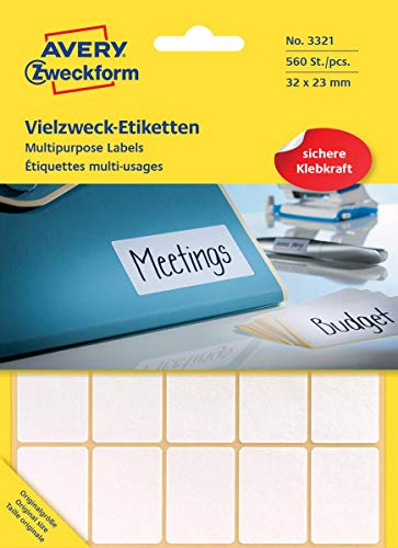 Avery Zweckform 3321 Haushaltsetiketten selbstklebend (32 x 23 mm, 560 Aufkleber auf 28 Bogen, Vielzweck-Etiketten für Haushalt, Schule und Büro zum Beschriften und Kennzeichnen) blanko, weiß von AVERY Zweckform