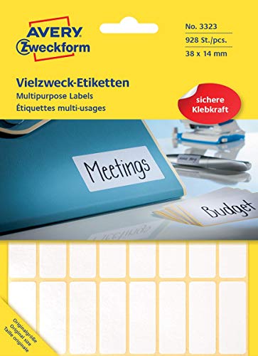 Avery Zweckform 3323 Haushaltsetiketten selbstklebend (38x14mm, 928 Aufkleber auf 29 Bogen, Vielzweck-Etiketten für Haushalt, Schule und Büro zum Beschriften und Kennzeichnen) blanko, weiß von AVERY Zweckform