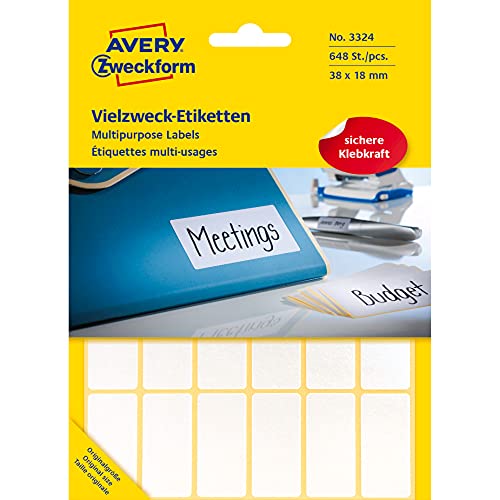 Avery Zweckform 3324 Haushaltsetiketten selbstklebend (38x18mm, 648 Aufkleber auf 27 Bogen, Vielzweck-Etiketten für Haushalt, Schule und Büro zum Beschriften und Kennzeichnen) blanko, weiß von AVERY Zweckform