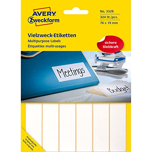 Avery Zweckform 3328 Haushaltsetiketten selbstklebend (76 x 19 mm, 324 Aufkleber auf 27 Bogen, Vielzweck-Etiketten für Haushalt, Schule und Büro zum Beschriften und Kennzeichnen) blanko, weiß von AVERY Zweckform