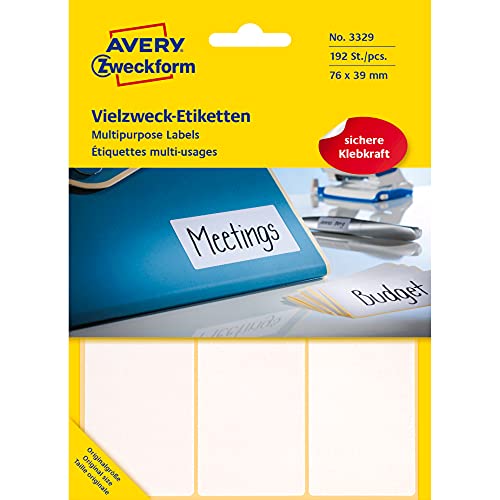 Avery Zweckform 3329 Haushaltsetiketten selbstklebend 192 Stück (76x39mm, 32 Bogen mit je 6 Aufklebern, Vielzweck-Etiketten für Haushalt, Schule und Büro zum Beschriften und Kennzeichnen) blanko, weiß von AVERY Zweckform