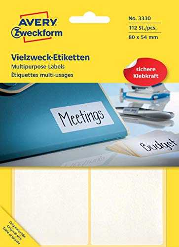 Avery Zweckform 3330 Haushaltsetiketten selbstklebend 112 Stück (80x54mm, 28 Bogen mit je 4 Aufklebern, Vielzweck-Etiketten für Haushalt, Schule und Büro zum Beschriften und Kennzeichnen) blanko, weiß von AVERY Zweckform